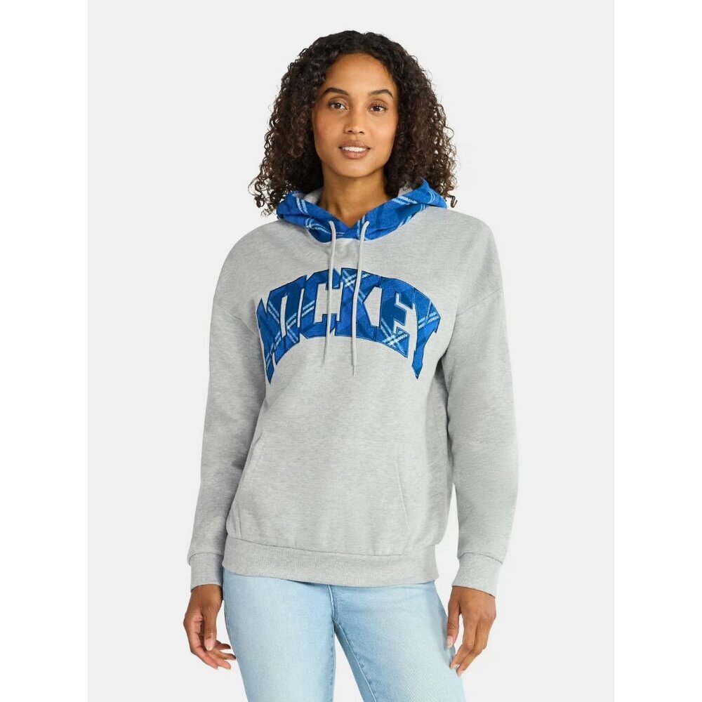 Mickey Mouse Women's Plaid Hoodie, Size L, Relaxed Fit, Gray Wash, Long Sleeve - Picture 5 of 5